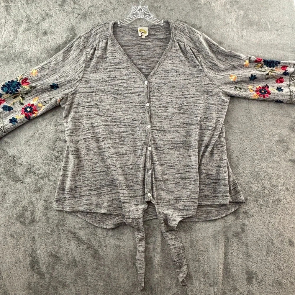 Anthropologie Fig‎ and Flower Embroidered Tie Front Cardigan Womens 3X Gray Boho